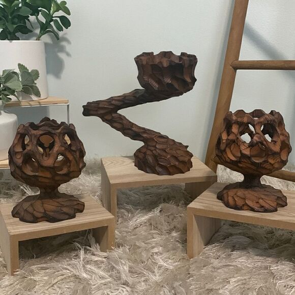 Vintage Wooden Brutalist Style Candle Holders Set Of Three Retro - Picture 1 of 16